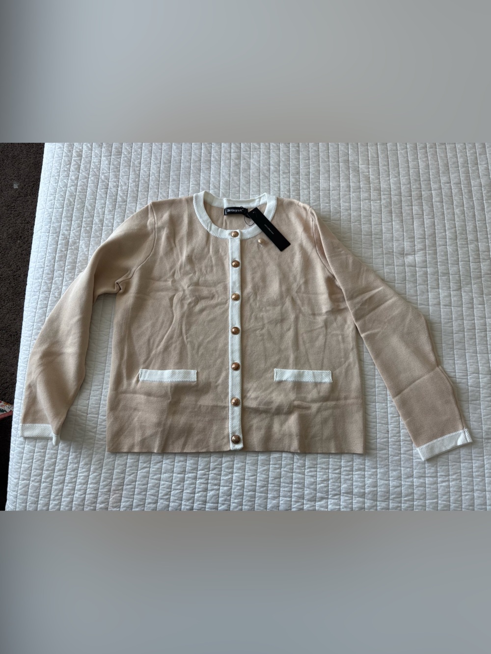 Allegra K Cream and Beige Trimmed Knit Cardigan